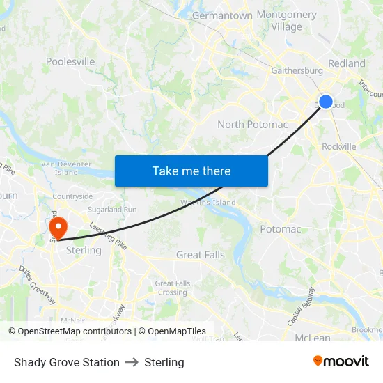 Shady Grove Station to Sterling map