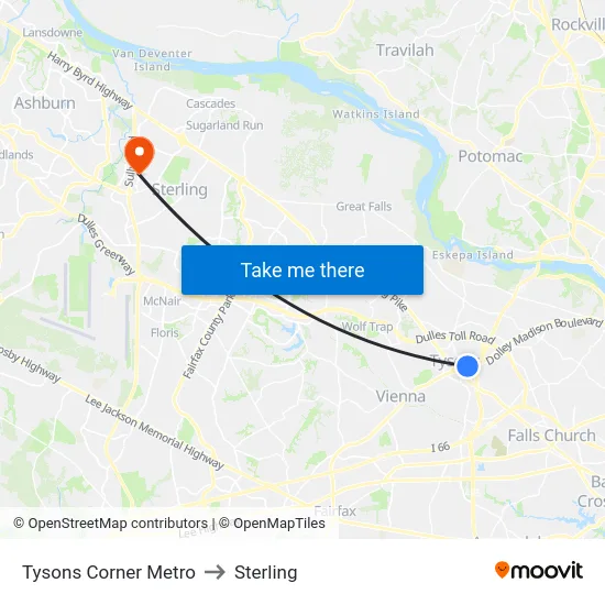 Tysons Corner Metro to Sterling map