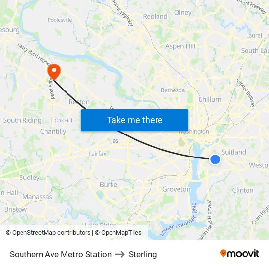 Southern Ave Metro Station to Sterling map