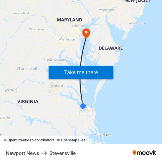 Newport News to Stevensville map