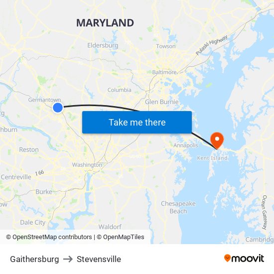 Gaithersburg to Stevensville map