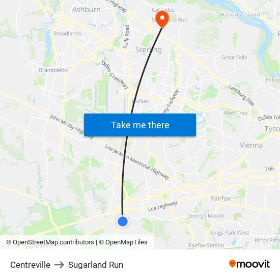 Centreville to Sugarland Run map