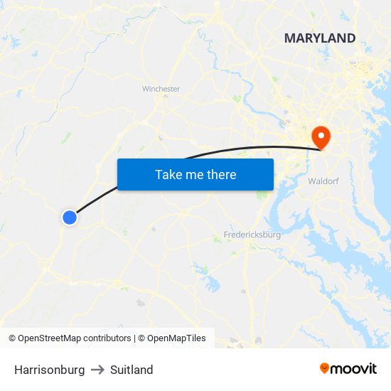 Harrisonburg to Suitland map