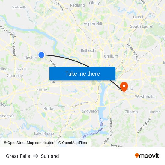 Great Falls to Suitland map