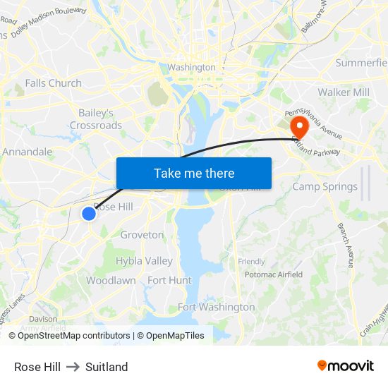 Rose Hill to Suitland map