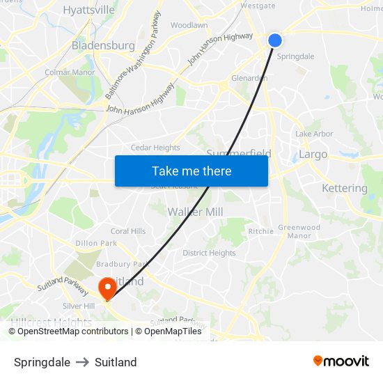 Springdale to Suitland map