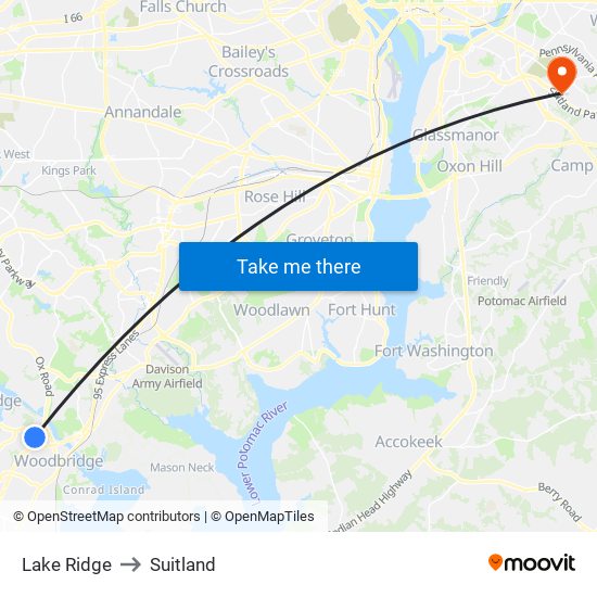 Lake Ridge to Suitland map