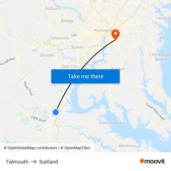 Falmouth to Suitland map