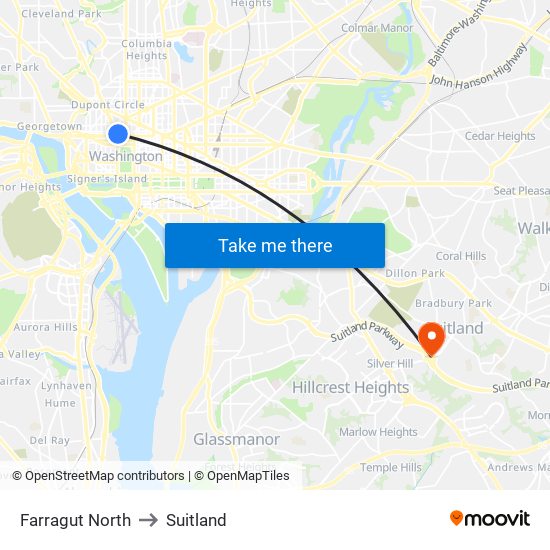 Farragut North to Suitland map