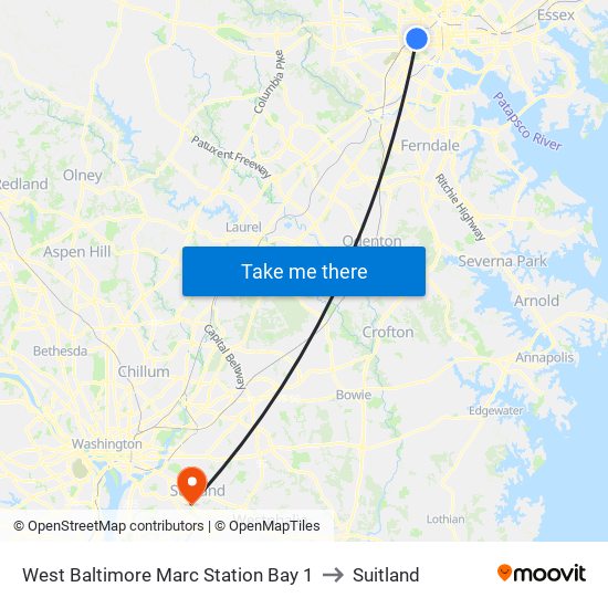 West Baltimore Marc Station Bay 1 to Suitland map