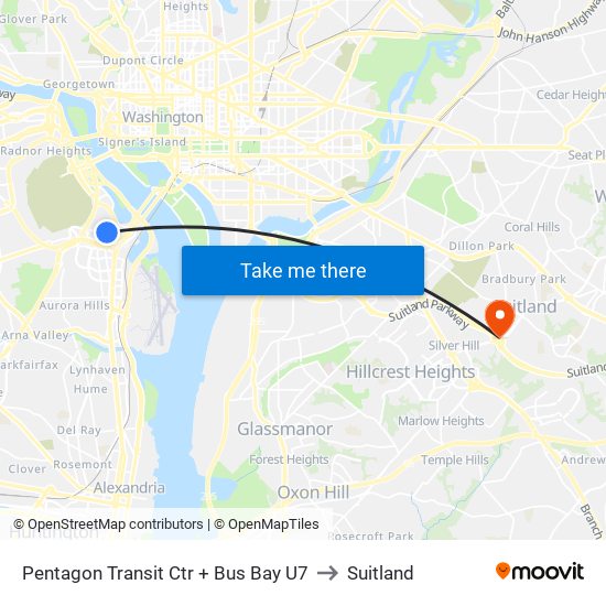 Pentagon Transit Ctr + Bus Bay U7 to Suitland map