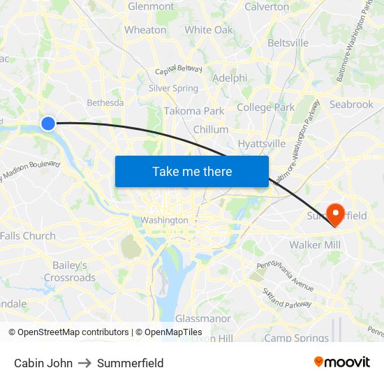 Cabin John to Summerfield map