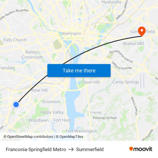 Franconia-Springfield Metro to Summerfield map