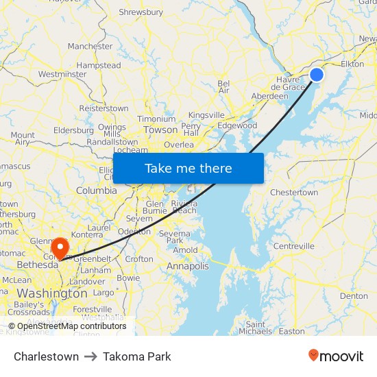 Charlestown to Takoma Park map