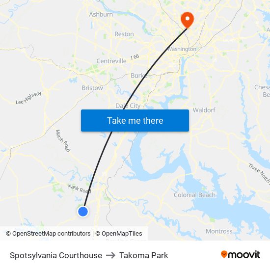 Spotsylvania Courthouse to Takoma Park map