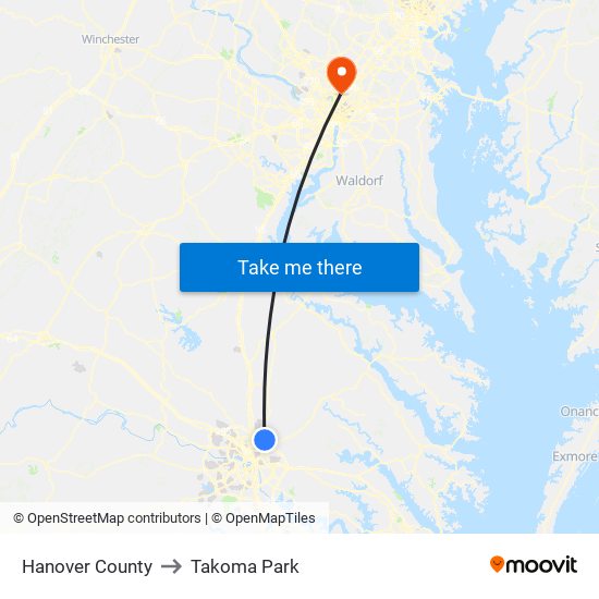 Hanover County to Takoma Park map