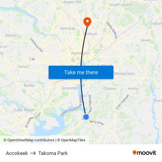 Accokeek to Takoma Park map