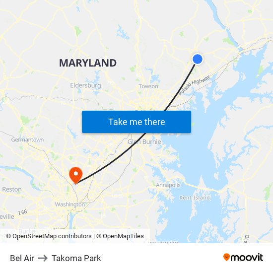 Bel Air to Takoma Park map