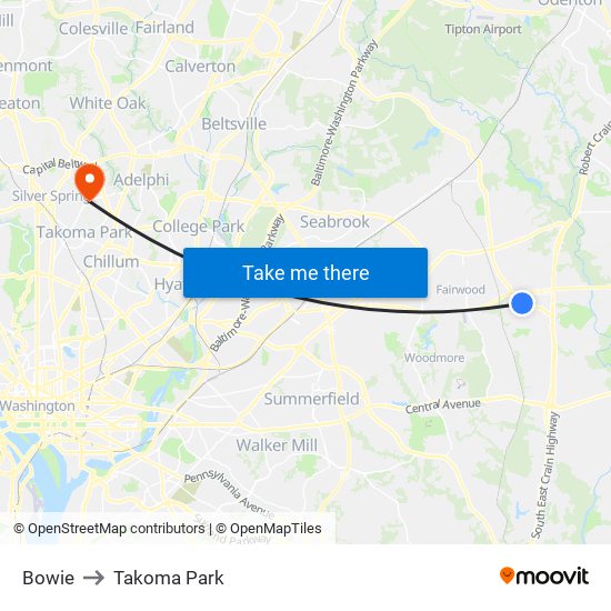 Bowie to Takoma Park map