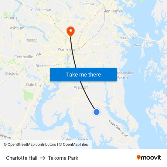 Charlotte Hall to Takoma Park map