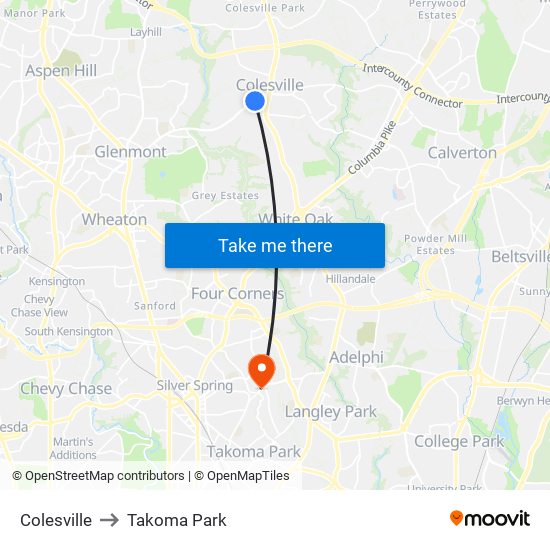 Colesville to Takoma Park map