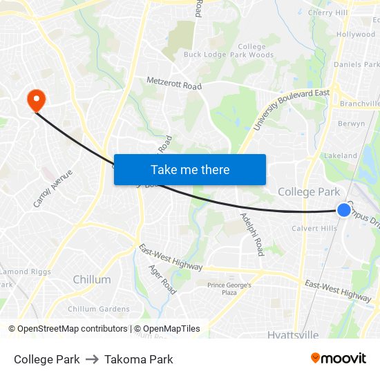 College Park to Takoma Park map