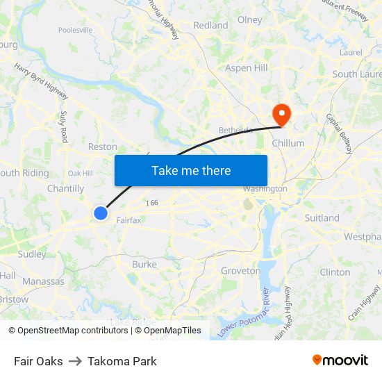 Fair Oaks to Takoma Park map