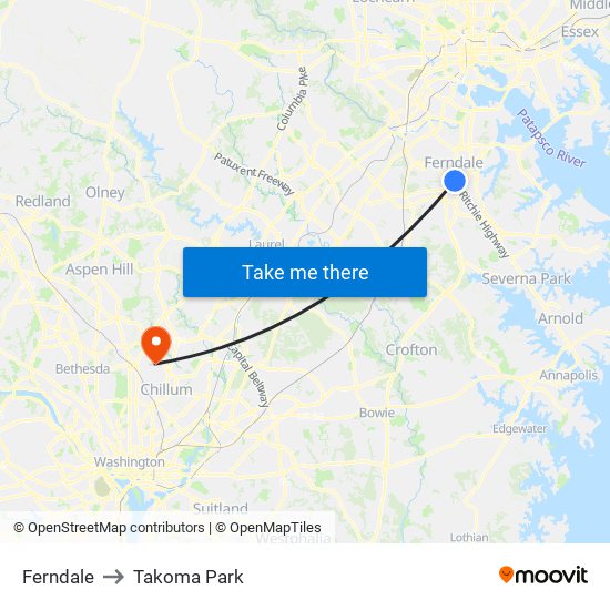 Ferndale to Takoma Park map