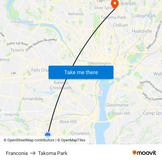 Franconia to Takoma Park map