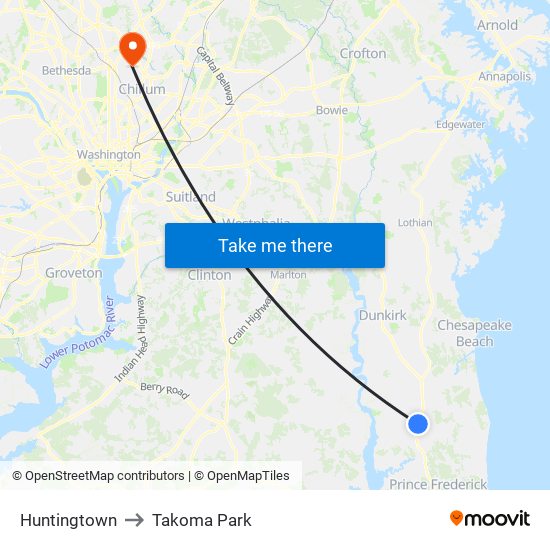 Huntingtown to Takoma Park map