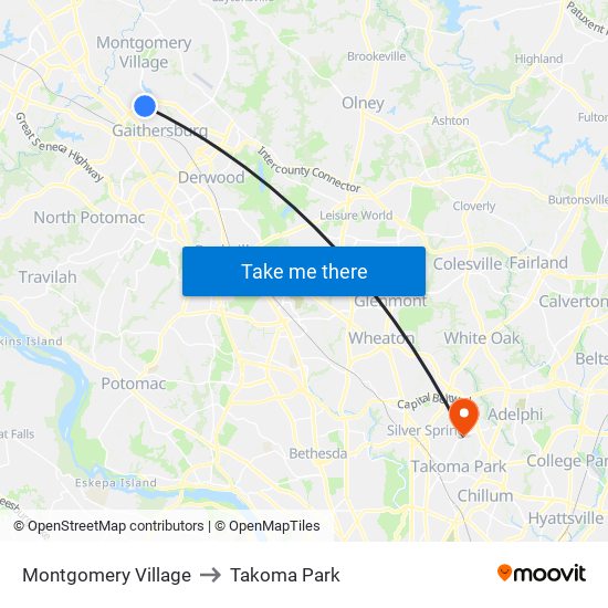 Montgomery Village to Takoma Park map