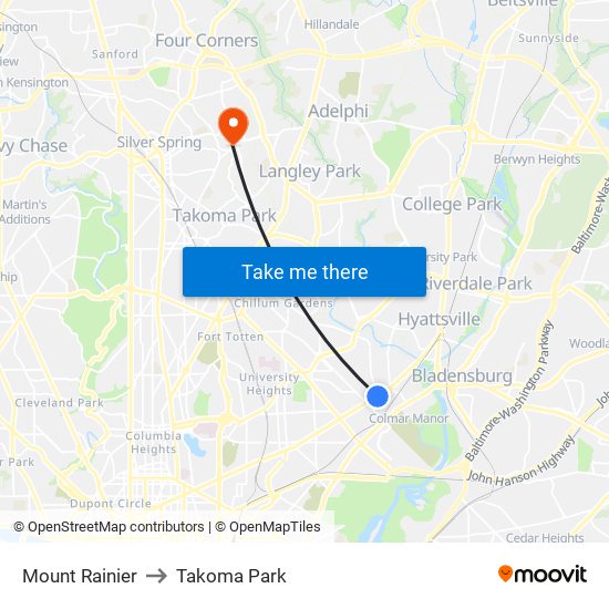 Mount Rainier to Takoma Park map