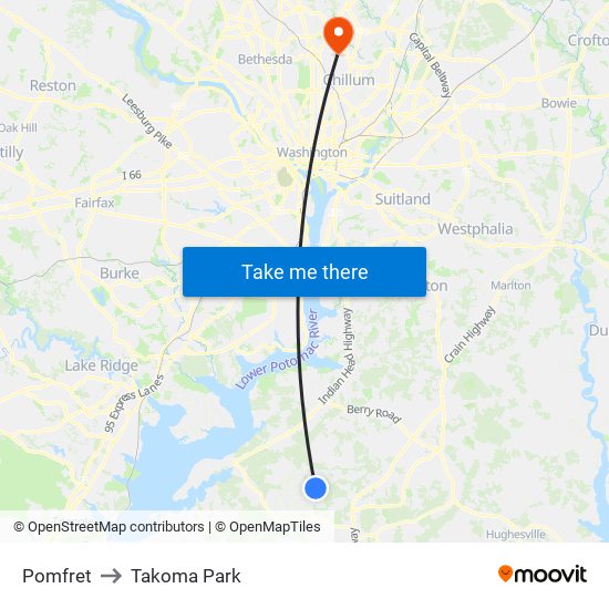 Pomfret to Takoma Park map