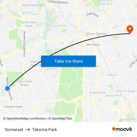 Somerset to Takoma Park map