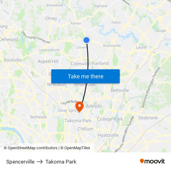 Spencerville to Takoma Park map