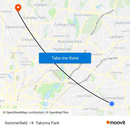 Summerfield to Takoma Park map