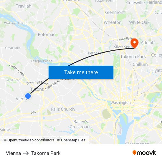 Vienna to Takoma Park map