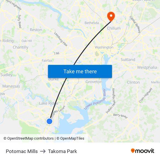 Potomac Mills to Takoma Park map