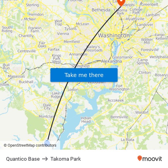 Quantico Base to Takoma Park map