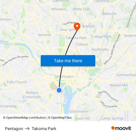 Pentagon to Takoma Park map