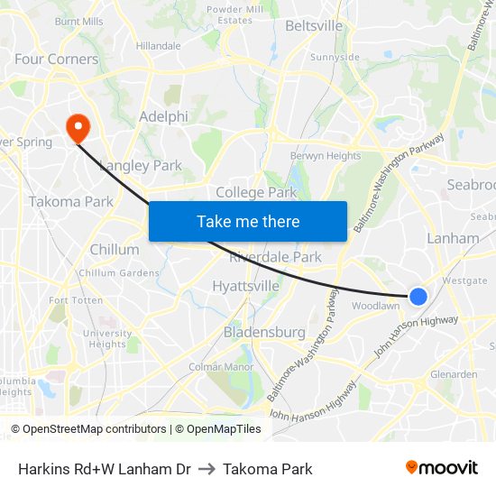 Harkins Rd+W Lanham Dr to Takoma Park map