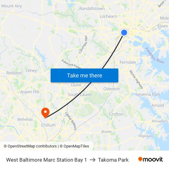 West Baltimore Marc Station Bay 1 to Takoma Park map