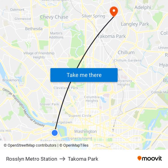 Rosslyn Metro Station to Takoma Park map