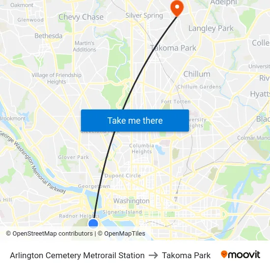 Arlington Cemetery  Metrorail Station to Takoma Park map
