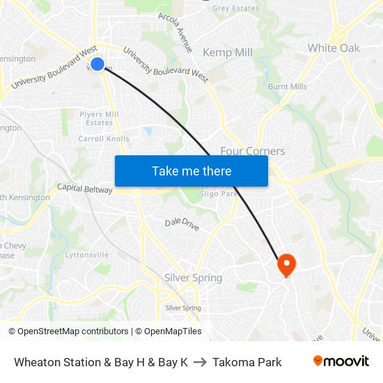 Wheaton Station  & Bay H & Bay K to Takoma Park map