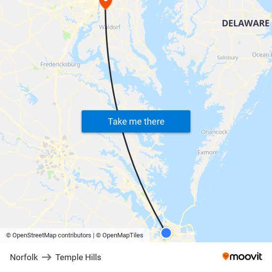 Norfolk to Temple Hills map