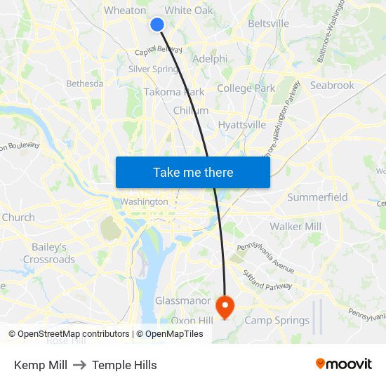 Kemp Mill to Temple Hills map