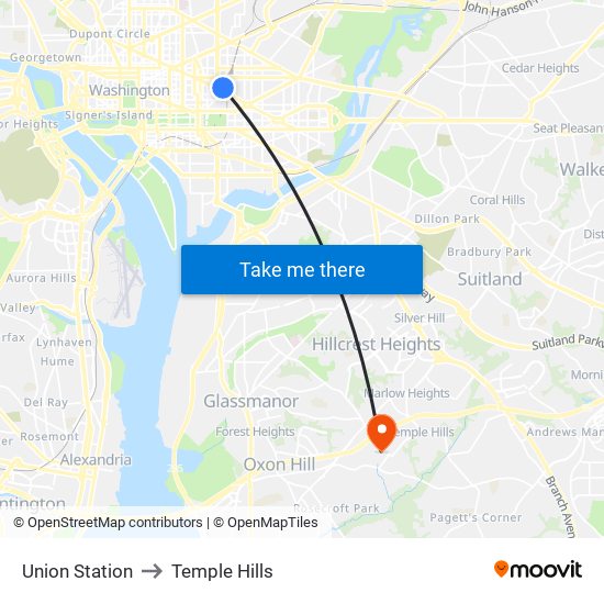 Union Station to Temple Hills map