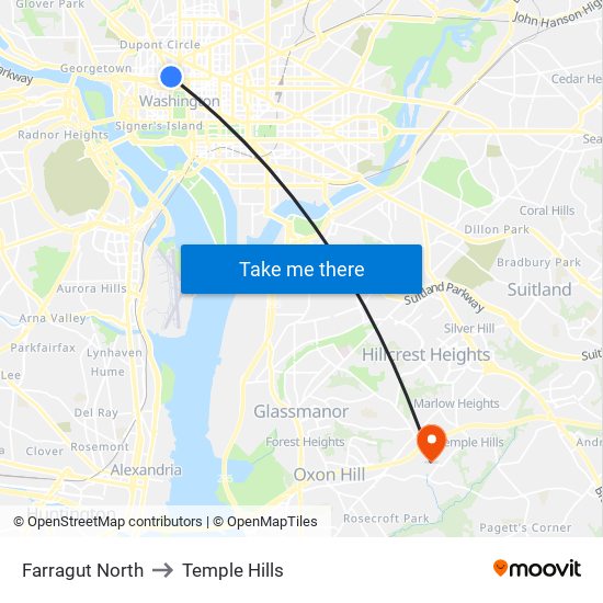 Farragut North to Temple Hills map