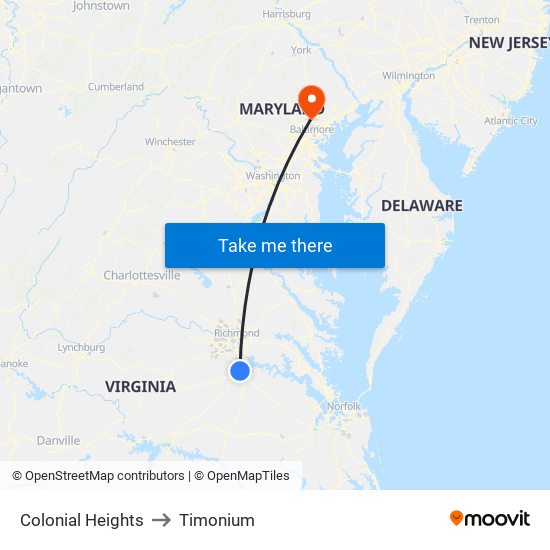 Colonial Heights to Timonium map